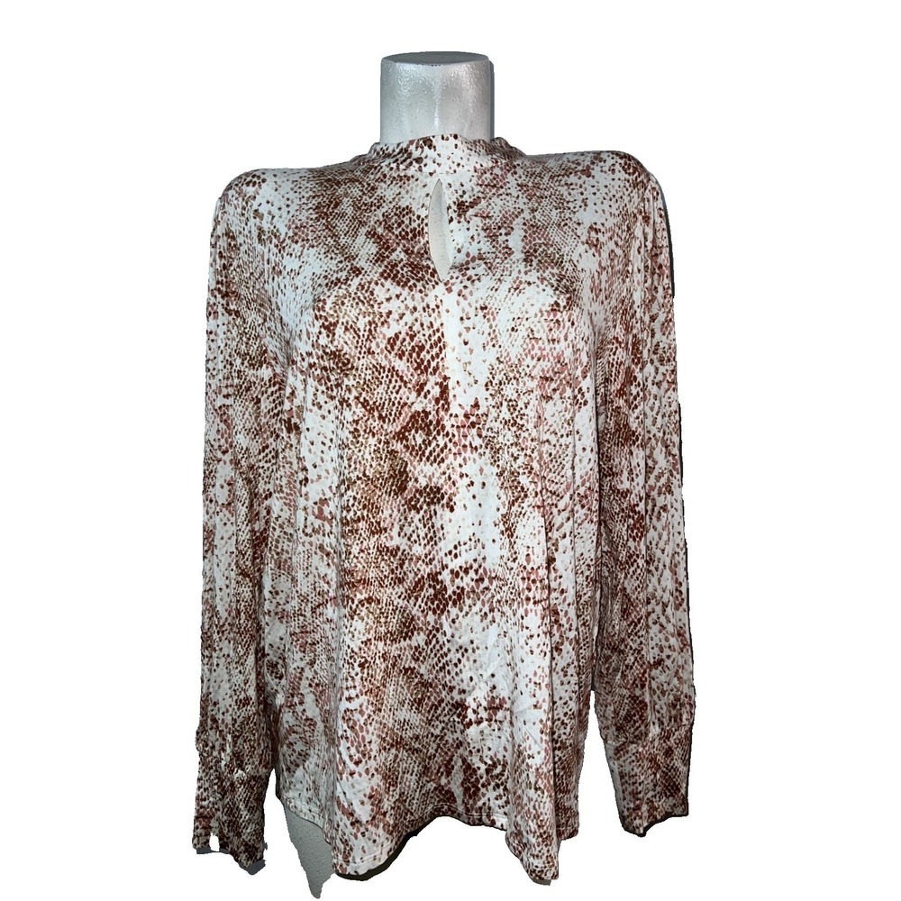 Chicos Womens Snakeskin Print Mock Neck Keyhole Blouse Brown Size (3) XL 16 LS